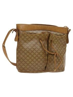 Authentic CELINE Macadam Canvas Shoulder Bag Beige Gold